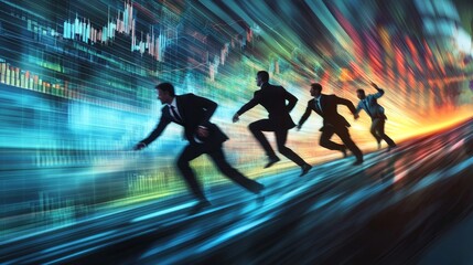 Corporate Executives in Career Competition Race with Financial Charts in Background