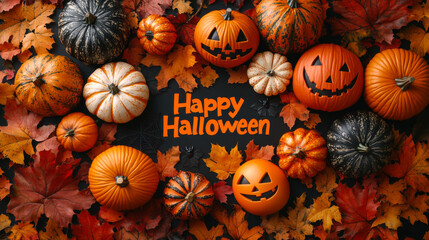 Colorful pumpkins and autumn leaves arranged for Halloween celebration in a festive autumn setting with vibrant colors