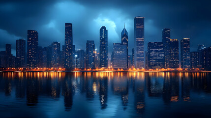 Fototapeta premium A cityscape of skyscrapers illuminated at night with a reflection in the water below.