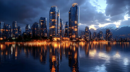 Obraz premium A cityscape of skyscrapers reflected in a calm body of water with a mountain range in the background.