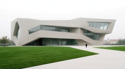 A person walks alone through a foggy landscape, approaching an impressive angular concrete structure that embodies modern architectural design