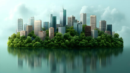 Fototapeta premium A cityscape rises from a lush green island in a calm blue water, with clouds reflecting in the water.