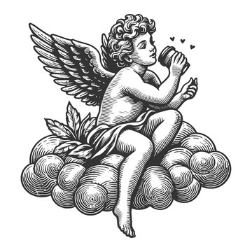 recommend clip art: cherub cupid sitting on a cloud, sipping coffee, with wings spread and a whimsical, relaxed vibe sketch engraving generative ai raster illustration. Scratch board imitation. Black and white image.