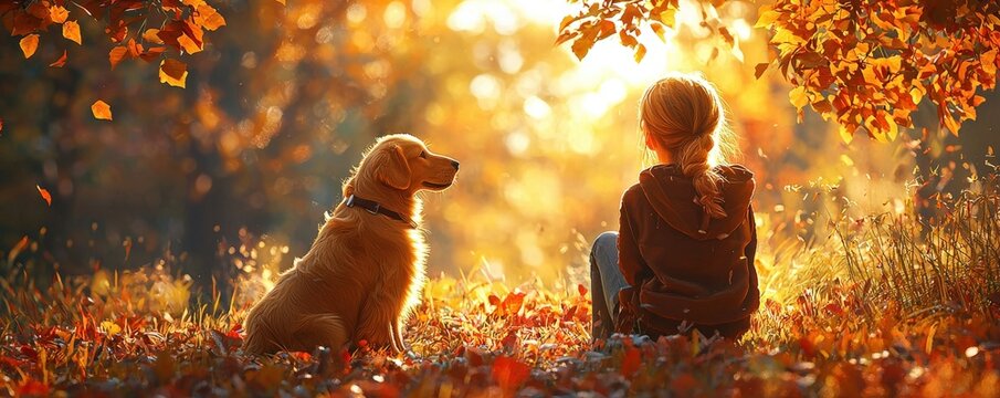 In the golden glow of an autumn afternoon, a girl sits in soft grass with her loyal golden dog by her side, the colorful foliage framing them in a warm, picturesque landscape. 3d illustration