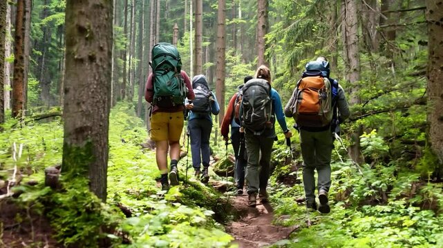A group of eco-tourists hiking through the lush forests of the Carpathian Mountains, spotting rare wildlife.