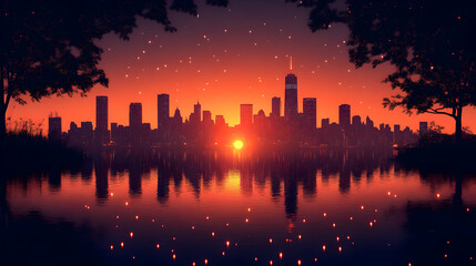 A cityscape silhouette at sunset, with a reflection in the water, framed by trees, with a sky full of stars.