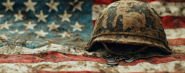 A vintage military scene featuring a well-worn helmet resting on an American flag, the faded colors and creases of the flag highlighting the helmetâ€™s rugged history, with dog tags draped across in a