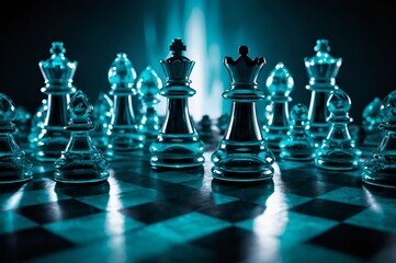An elegant collection of blue crystal chess pieces, beautifully arranged on a chessboard, ideal for collectors and game enthusiasts.