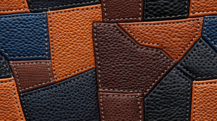 Luxurious leather texture featuring patchwork of rich colors including brown, orange, and blue, showcasing elegant grain and meticulous stitching