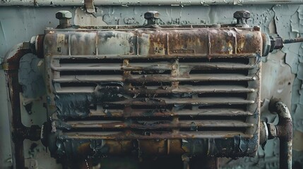 An lengthy aged and grimy grey toned automotive radiator with cracked iron