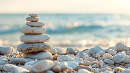 Pebble heap on a beach serene blue sea background zen balanced stones