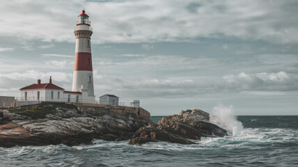 Obraz premium A lighthouse with a red and white striped tower stands on a rocky outcrop by the sea. The lighthouse has a large, circular window at the top and a small building beside it. The sky is cloudy