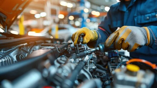A focused mechanic using a diagnostic tool to check a car's engine performance, surrounded by high-tech equipment