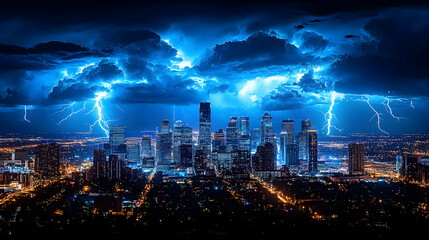 A cityscape with lightning strikes in the sky.