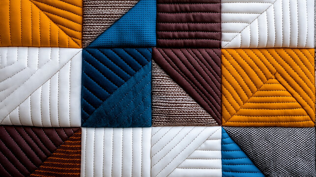 Colorful quilt pattern featuring cozy patchwork design with various textures and geometric shapes, perfect for adding warmth to any space
