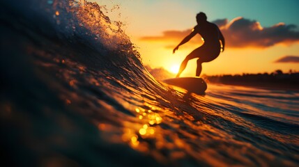 ocean waves, rhythmic motion, calming, powerful, timeless, close up, focus on, copy space, cool tones, dynamic textures, Double exposure silhouette with a surfer