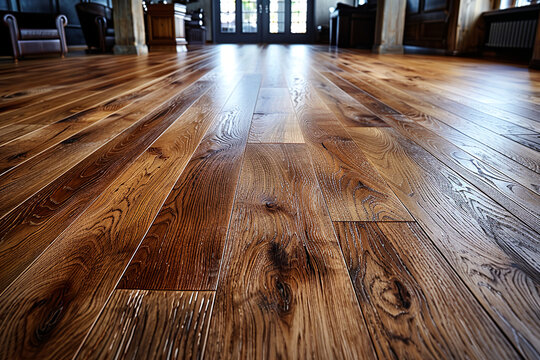 Polished wooden planks with visible nodes and wood structure covering whole living room