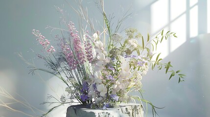 pedestal with a springtime lavender floral display and an abstract landscape workshop