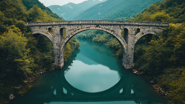 A historical bridge with classic engineering and scenic backdrop.