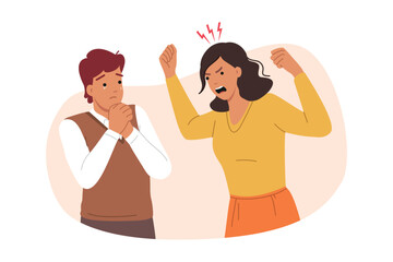 Toxic relationship between screaming woman and upset man who feels pressure from wife. Problem toxic relationships and domestic violence causing psychological trauma in depressed guy