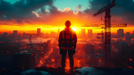 Fototapeta premium A construction worker stands on a rooftop overlooking a city skyline at sunset.