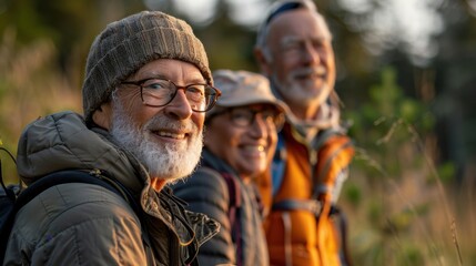 A group of seniors enjoying a nature hike on a sunny day