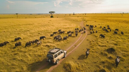 Obraz premium A guided safari in the Maasai Mara, capturing breathtaking views of the Great Migration.