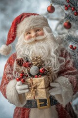 Happy Santa Claus with a gift on a Christmas background. Advertising New Year's Christmas discount, Christmas promotion. Christmas and New Year concept