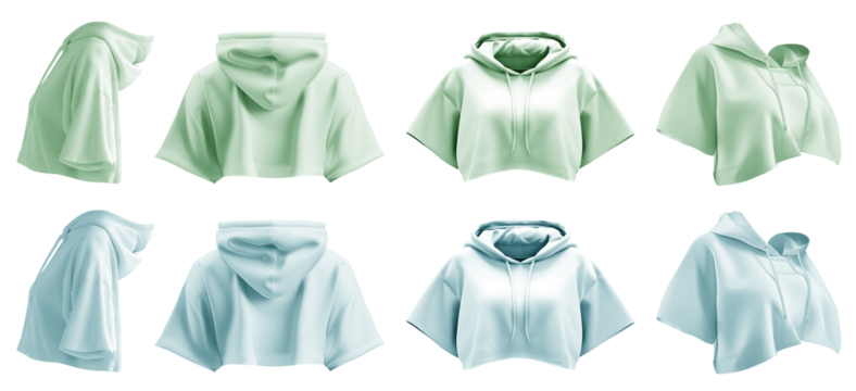 2 Set of pastel green turquoise blue woman cropped midriff hoodie hoody oversized flare short sleeve sweatshirt jumper sweater, front back side view on transparent PNG. Mockup template for artwork - Powered by Adobe