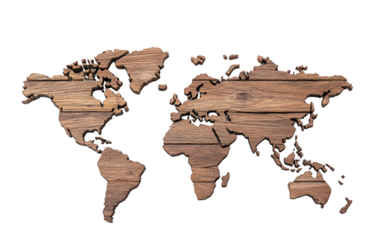 Wooden world map design carved on wood for decoration and travel themes