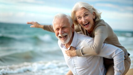 "Senior Couple Beach Play" - Cheerful mature couple having fun with a piggyback ride on the beach.
