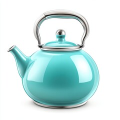 Obraz premium Stylish turquoise kettle with a shiny handle, perfect for brewing tea and adding a pop of color to your kitchen decor, white background