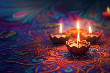 Illuminated clay diya lamps glowing against a vibrant rangoli design backdrop capturing the spirit of Diwali celebration