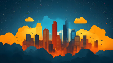A digital illustration of a city skyline emerging from clouds with a starry night sky.