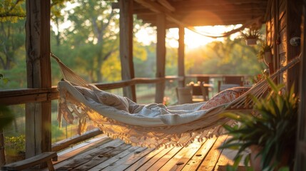A relaxing day spent in a hammock on a sunlit porch, with soft cushions and a gentle breeze making the perfect setting for unwinding