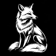 Obraz premium A white fox sitting on a black background, looking to the right.