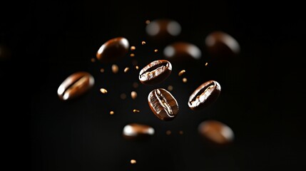 Close-up of roasted coffee beans flying in bright light with natural brown tones and textures, new beautiful stock image illustration AI