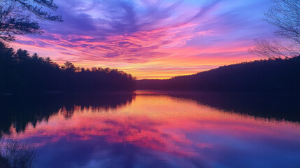 A tranquil lake reflecting a sky filled with pink, purple, and orange hues as the day transitions to night.