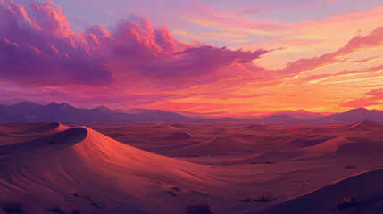 Naklejka premium A desert landscape at sunset, with sand dunes glowing under a sky painted in rich pink, purple, and orange tones.