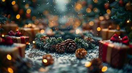 A festive Christmas wreath adorned with colorful presents, ornaments, pinecones, and evergreen branches.