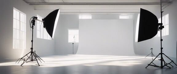 Plain empty photo studio with a clean white cyclorama and natural sunlight and shadows from a large