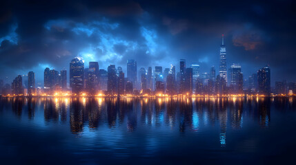 Naklejka premium A dramatic cityscape at night with towering skyscrapers and a dark, stormy sky reflected in the water.