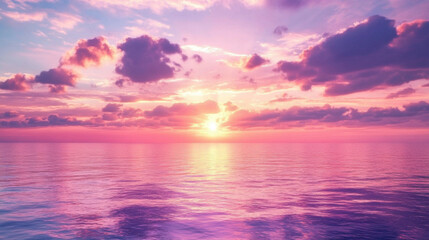 Fototapeta premium A misty morning with a sky transitioning from purple to pink and orange, with the landscape bathed in soft, warm light.