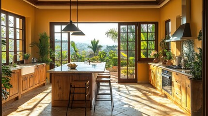 mediterranean kitchen oasis, serene mediterranean kitchen with a welcoming breakfast bar and stunning views, ideal for peaceful relaxation and rejuvenation in the home