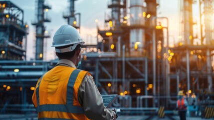 Refinery industrial engineers are working and discussing in front of oil and gas industrial plant. Refinery for industry.