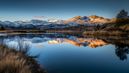 Fototapeta premium Nature Bliss: A serene mountain landscape with a lake reflecting the snowy peaks at sunrise