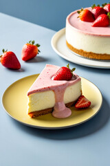 A slice of cheesecake on a small yellow dessert plate on a blue background
