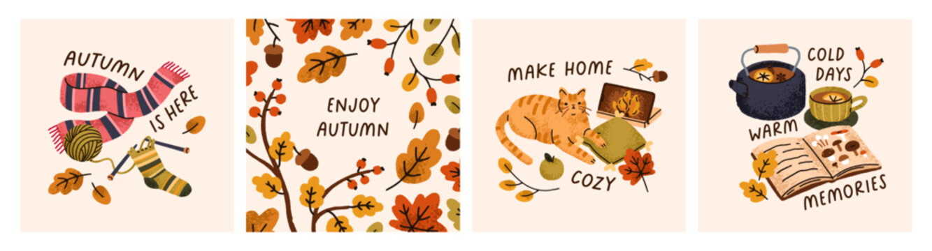Cozy fall card designs set. Autumn mood, hygge time, square postcards with cat at comfort home, knitting scarf, leaf, tea cup and book, phrases. Seasonal pleasures, vibes. Flat vector illustration