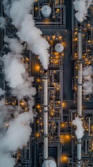 A striking aerial perspective of a contemporary chemical plant in Germany. The facility features large smokestacks and tanks, framed by verdant fields during golden hour.