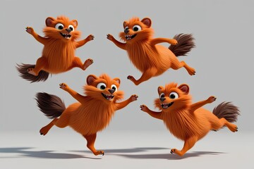 Fototapeta premium Playful Orange Furry Creatures Jumping and Dancing in 3D Render Isolated on White Background
